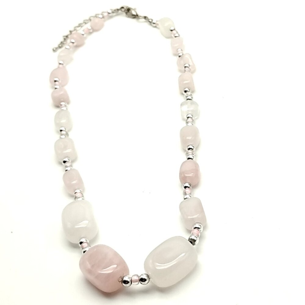 Pink Rose Quartz & White Quartz Nugget Beaded Necklace NWOT